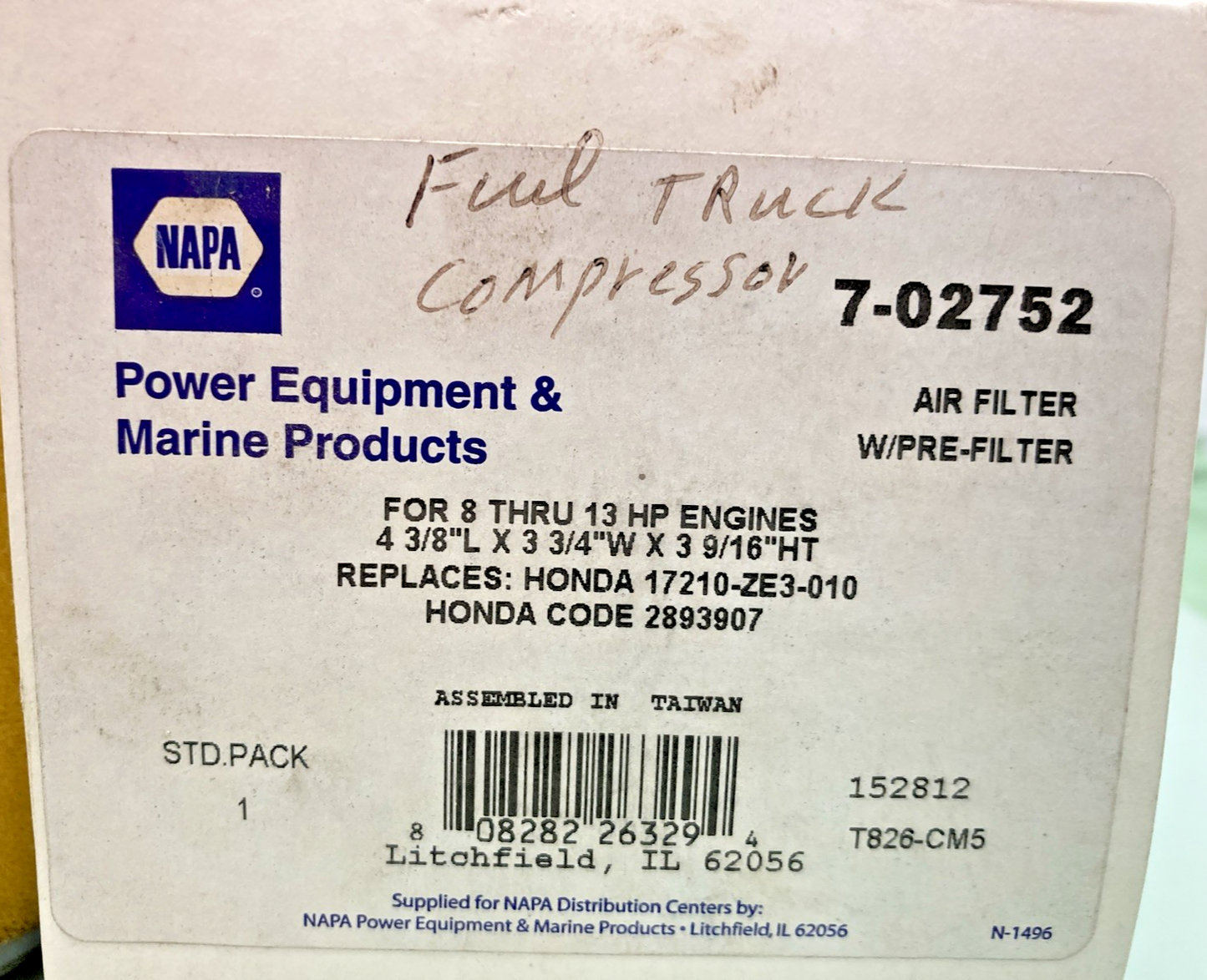 NEW GENUINE NAPA 7-02752 PRIME LINE AIR FILTER, 4-3/8"L x 3-3/4"W x 3-9/16"H