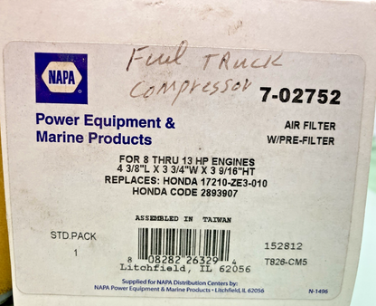 NEW GENUINE NAPA 7-02752 PRIME LINE AIR FILTER, 4-3/8"L x 3-3/4"W x 3-9/16"H