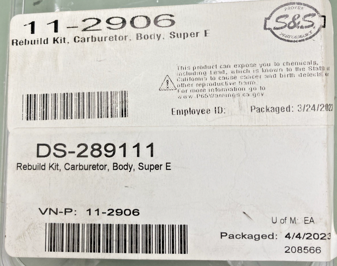 NEW GENUINE S&S CYCLE 11-2906/DS-289111 REBUILD KIT, CARBURETOR, BODY, SUPER E
