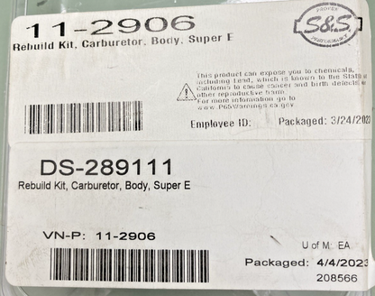 NEW GENUINE S&S CYCLE 11-2906/DS-289111 REBUILD KIT, CARBURETOR, BODY, SUPER E