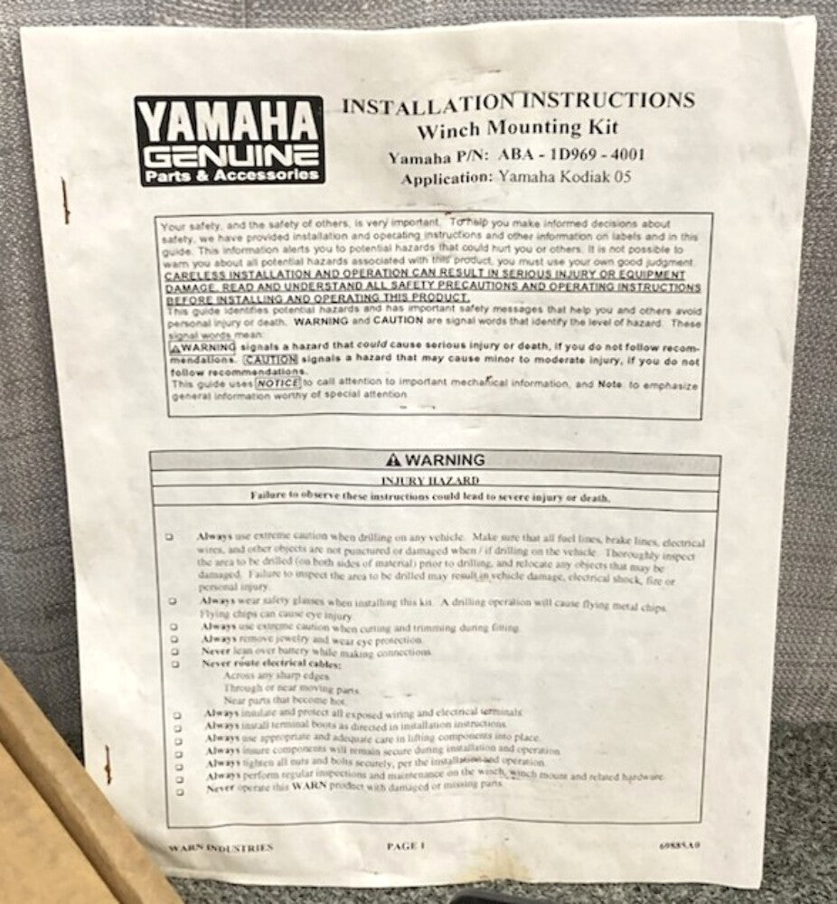 Yamaha ABA1D9694001 Winch Mount Kit Warn 69480 New Genuine Incomplete Kit