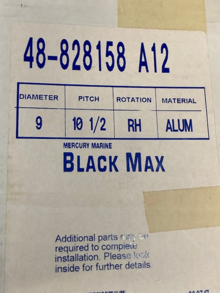 Mercury 48-828158A12 Black Max Propeller 9x10.5 AL RH 8 Spline New Genuine