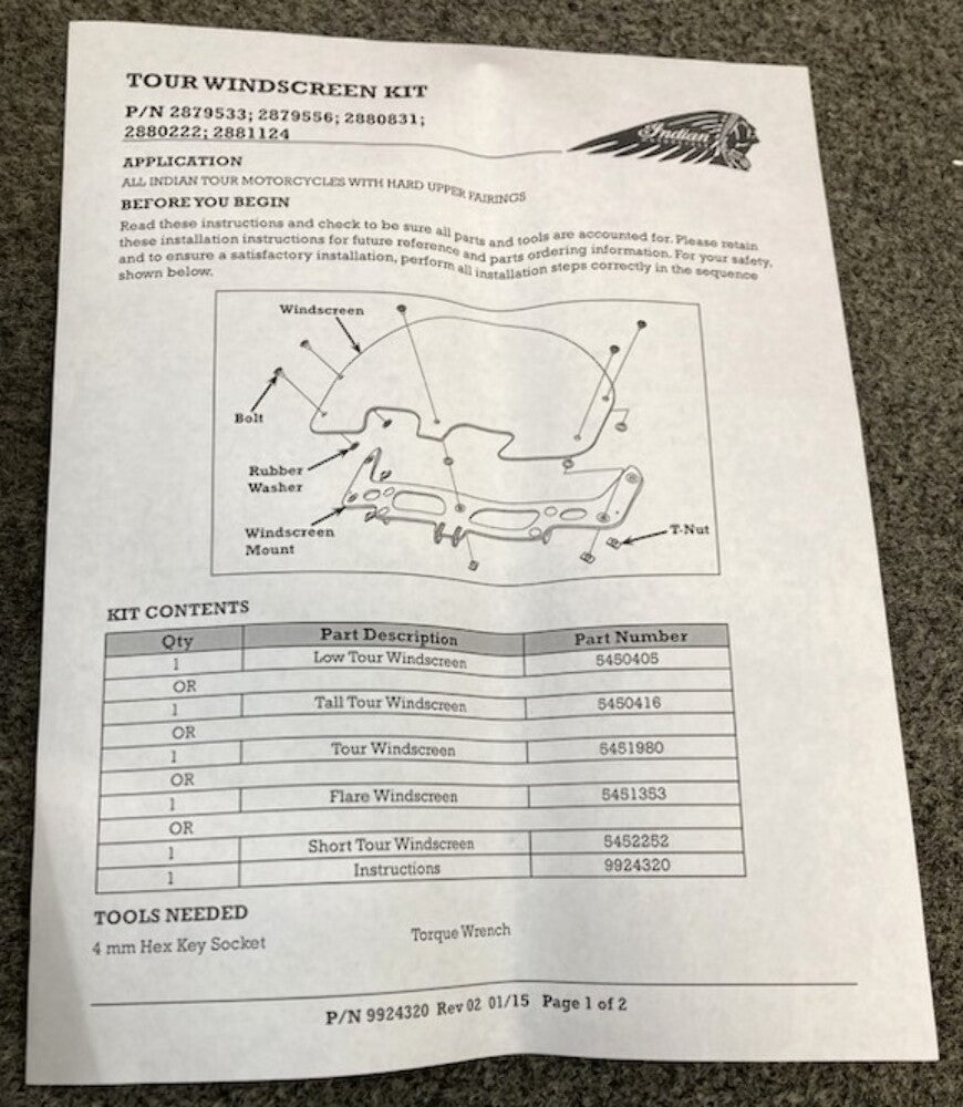 Indian Polaris 2881124-01 Windshield Tour Kit New Genuine