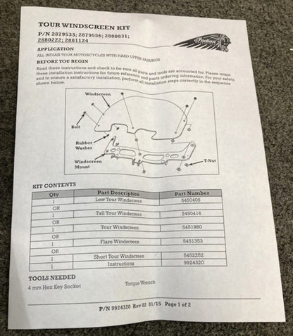 Indian Polaris 2881124-01 Windshield Tour Kit New Genuine