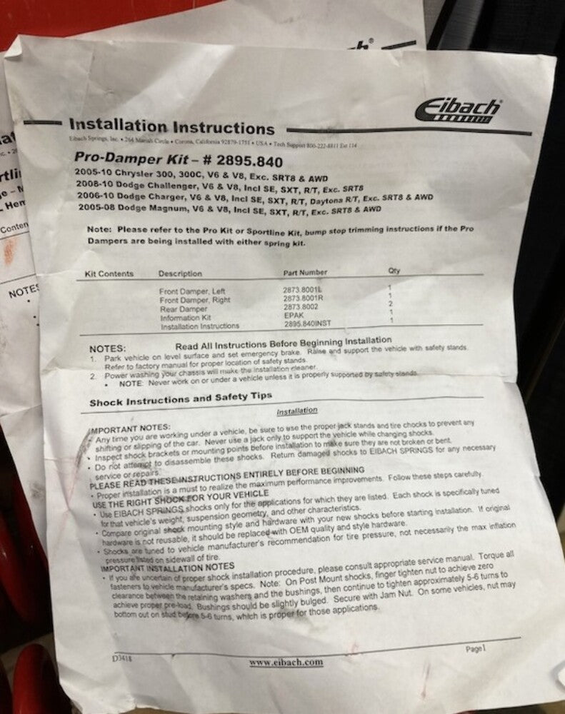Eibach 2895.840 Pro Damper Kit New Genuine