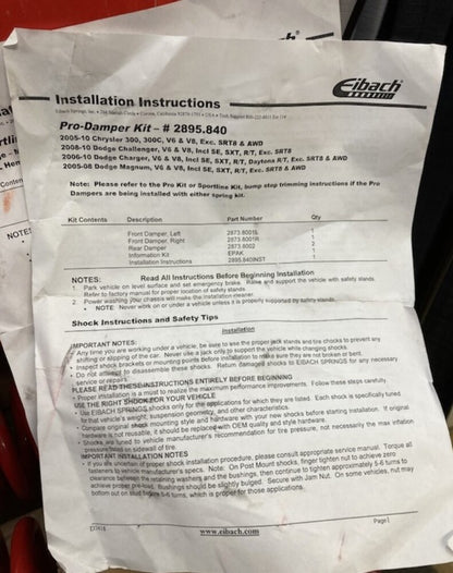 Eibach 2895.840 Pro Damper Kit New Genuine