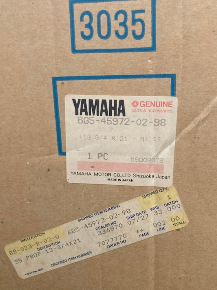 Yamaha 6G5-45972-02-98 Propeller 3X13-3/4"X21"-M Rh 15 Spline New Genuine