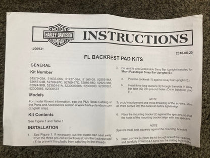 Harley Davidson 52300573 Kit Backrest Compact New Genuine