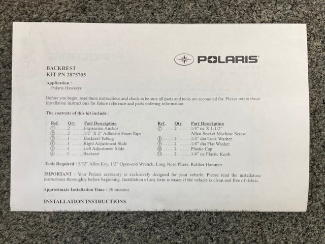 Polaris 2875705 Backrest, Sptsmn, 300/400, L&R New Genuine