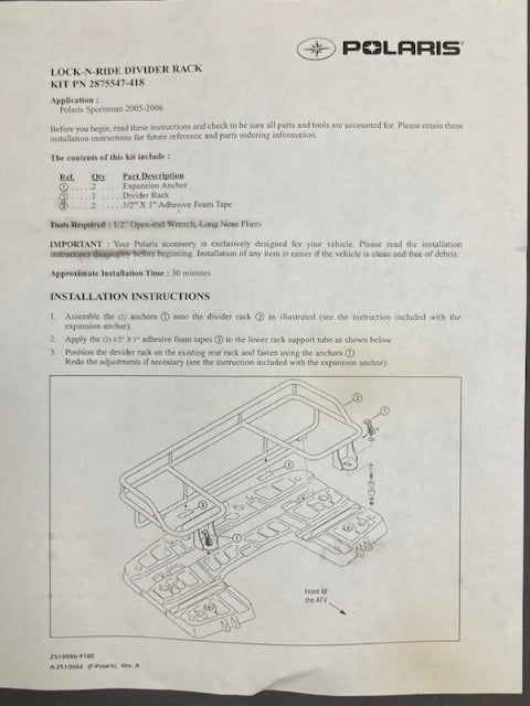 Polaris 2875547-418 Steel, Rear, Rack, Lk, N, Rd, Bw New Genuine