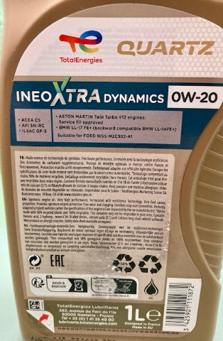 TotalEnergies 226003 Quartz Ineo Xtra Dynamics 0W-20 (1L) Engine Oil New Genuine