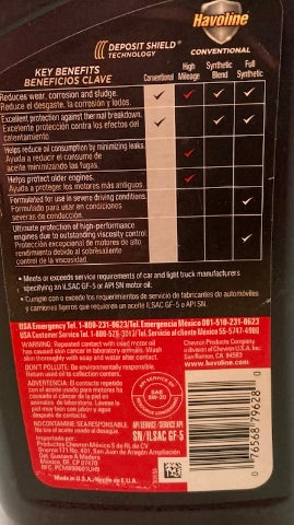 CHEVRON SN-ILSAC GF-5 Havoline SAE 5W-20 Motor Oil 1Quart New Genuine