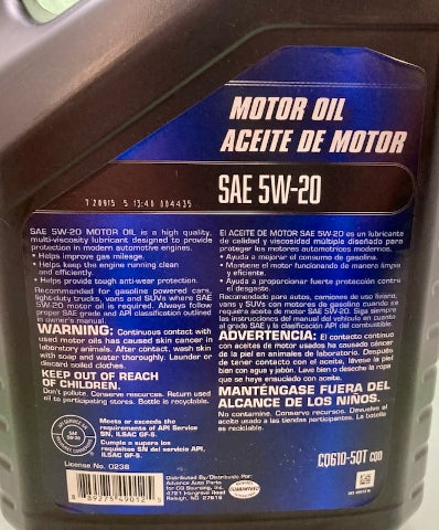 Carquest CQ610-5qt CQO Motor Oil SAE 5W-20 5Quart New Genuine