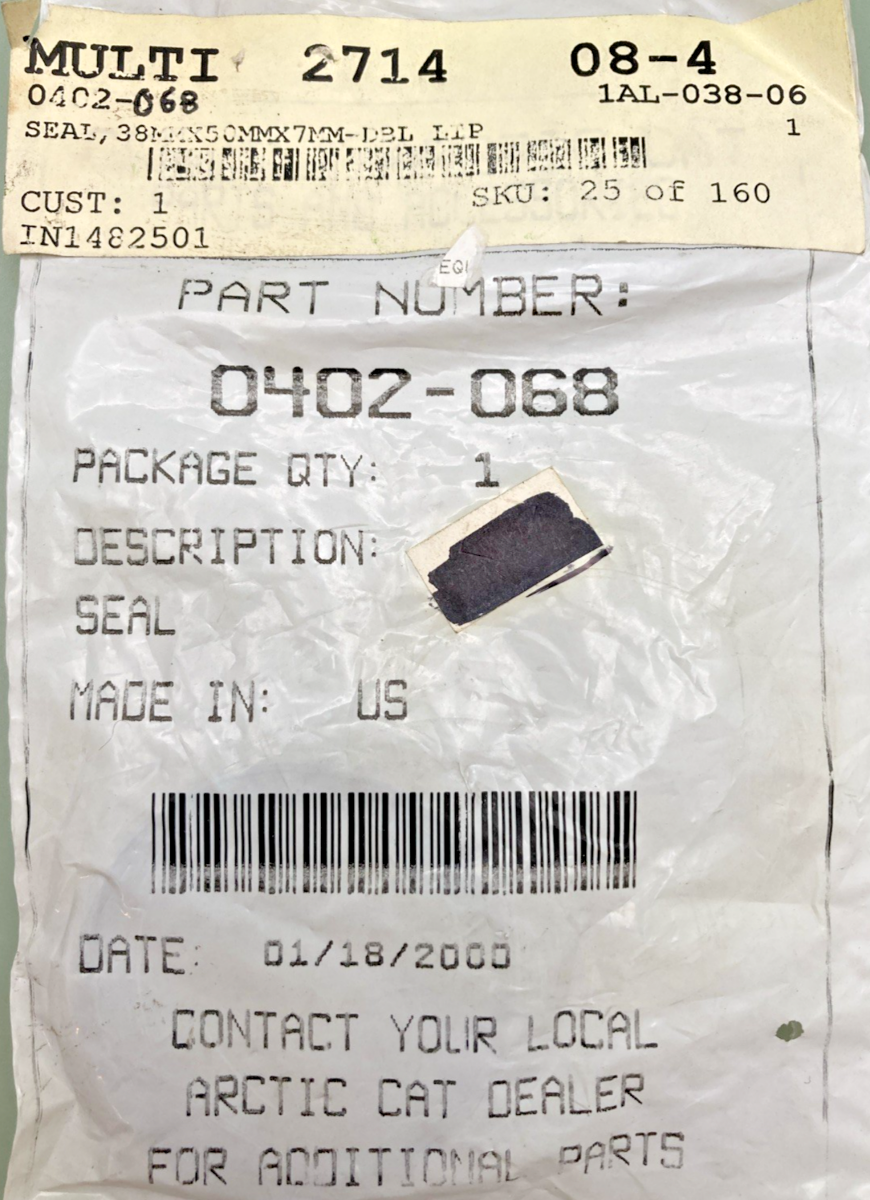 NEW GENUINE ARCTIC CAT 0402-068 SEAL, 38MMX50MMX7MM-DBL LIP