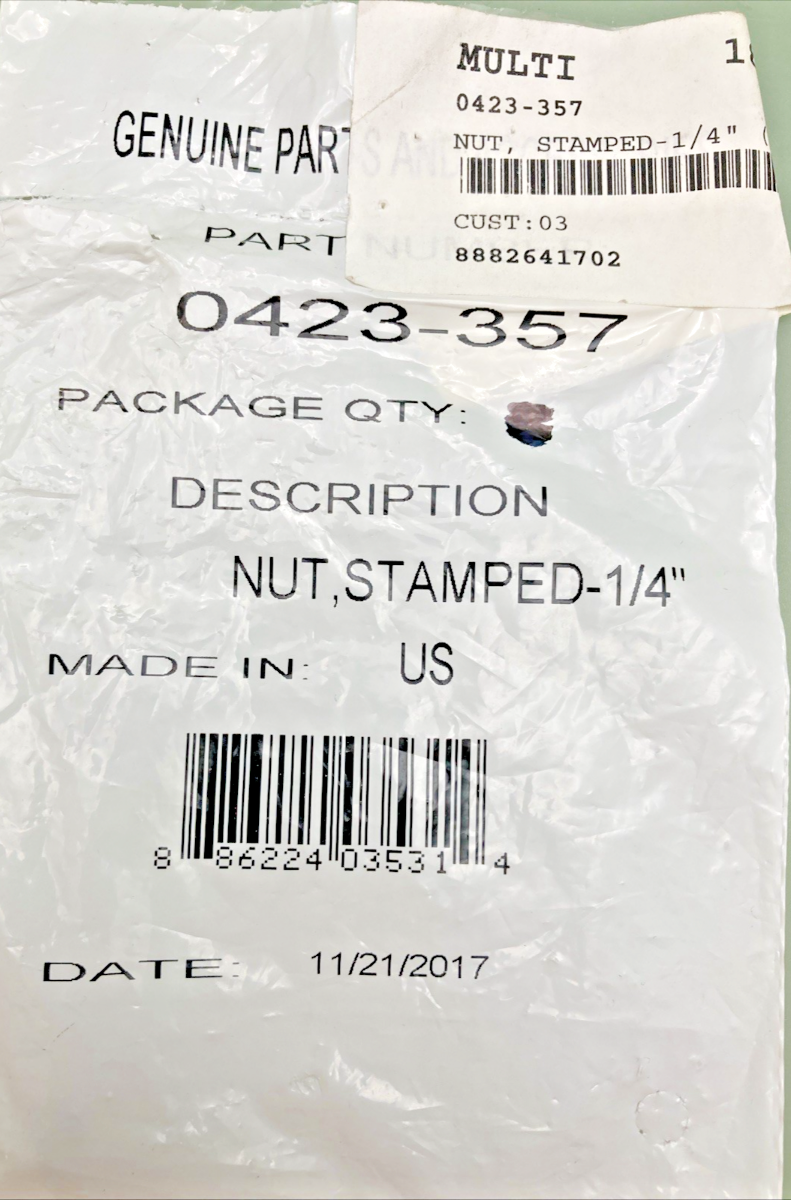 QTY 2 NEW GENUINE ARCTIC CAT 0423-357 NUT, STAMPED-1/4 inch (SD 25001 SOH)