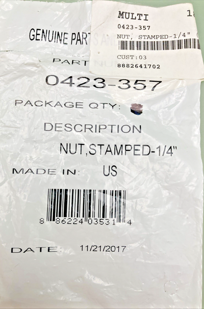 QTY 2 NEW GENUINE ARCTIC CAT 0423-357 NUT, STAMPED-1/4 inch (SD 25001 SOH)