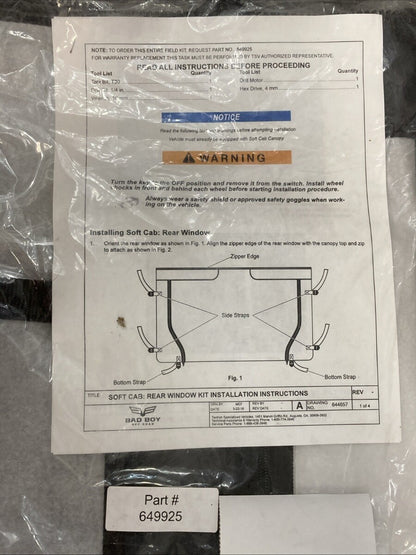 NEW REPLACES ARCTIC 649925 SOFT CAB: REAR WINDOW KIT