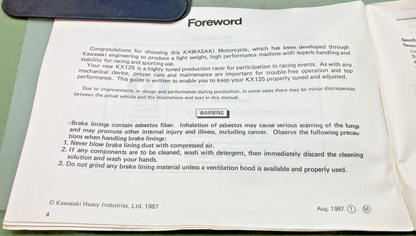 GENUINE KAWASAKI 99920-1425-01 KX125 OWNER'S MANUAL 1987