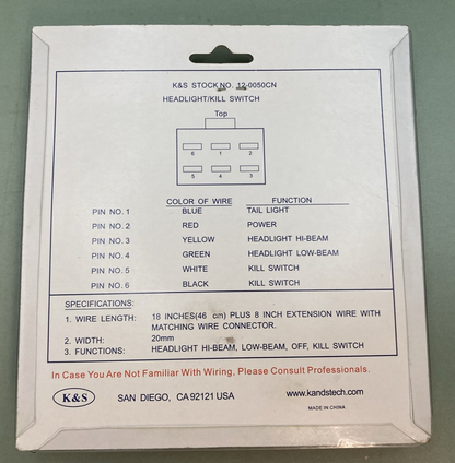 NEW GENUINE K&S 12-0050CN HEADLIGHT KILL SWITCH 6 PIN 7/8" 2106-0244