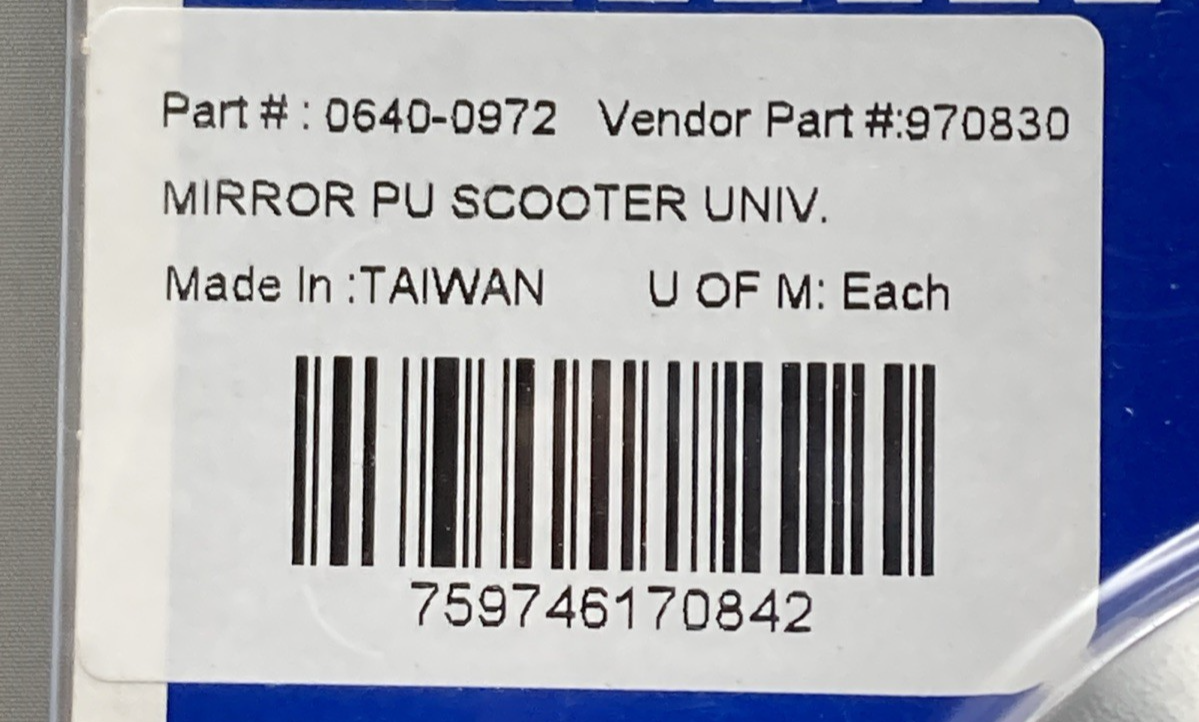 NEW GENUINE PARTS UNLIMITED 0640-0972 SCOOTER MIRROR