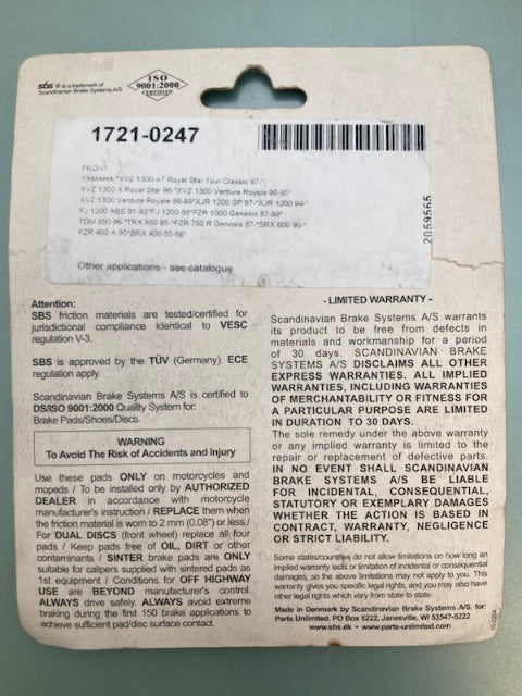 Parts Unlimited 613HF Brake Pad Set 1721-0247 New Genuine
