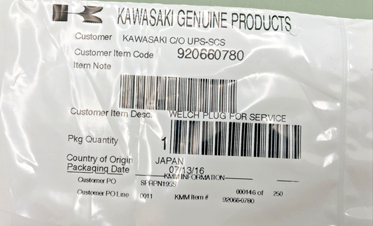 QTY 5 NEW GENUINE KAWASAKI 920660780 WELCH PLUG