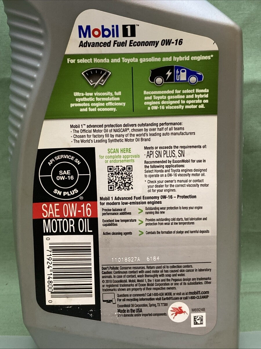 QTY 2 NEW GENUINE MOBIL 1 0W-16 FULL SYNTHETIC MOTOR OIL, 1 qt