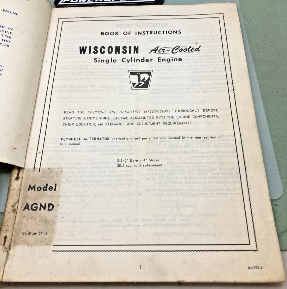 GENUINE WISCONSIN MM-271-E AIR COOLED ENGINES INSTRUCTION BOOK MODEL AGND