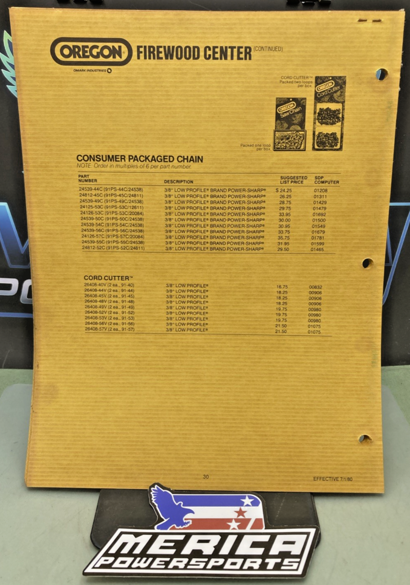 GENUINE OREGON PRODUCT PRICE LIST FOR DEALERS 1980