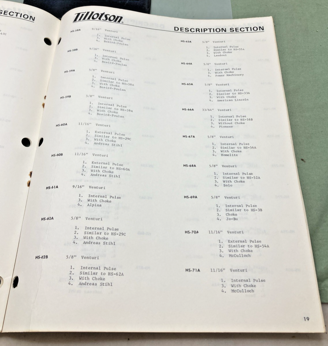 GENUINE TILLOTSON S-604 CHAIN SAW CARBURETORS APPLICATION AND DESCRIPTION