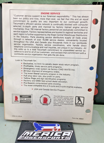 GENUINE TECUMSEH 692531 ENGINE SPECIFICATIONS 1984