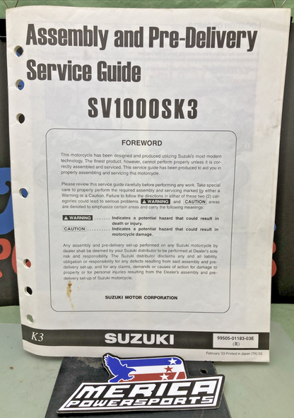 GENUINE SUZUKI 99505-01183-03E SV1000SK3 ASSEMBLY AND PRE-DELIVERY SERVICE GUIDE