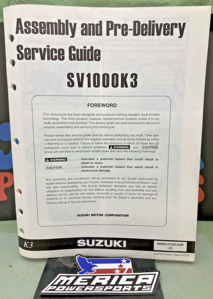 NEW GENUINE SUZUKI 99505-01243-03E SV1000K3 ASSY AND PRE-DELIVERY SERVICE GUIDE
