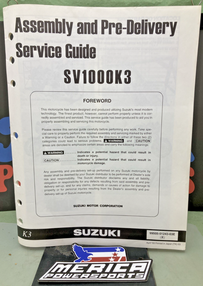 NEW GENUINE SUZUKI 99505-01243-03E SV1000K3 ASSY AND PRE-DELIVERY SERVICE GUIDE