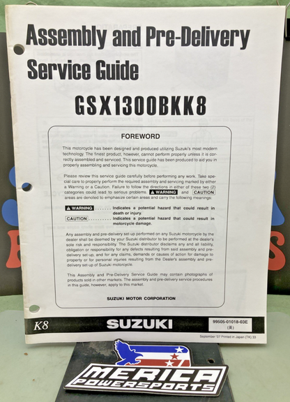 GENUINE SUZUKI 99505-01018-03E GSX1300BKK8 ASSY AND PRE-DELIVERY SERVICE GUIDE