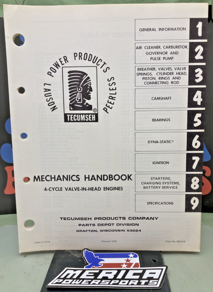 GENUINE TECUMSEH 692318 MECHANICS HANDBOOK 4-CYCLE VALVE-IN-HEAD ENGINES 1975