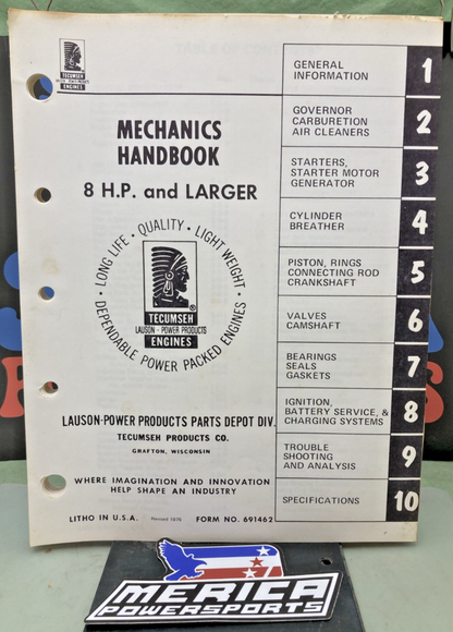 GENUINE TECUMSEH 691462 MECHANICS HANDBOOK 8 H.P. AND LARGER