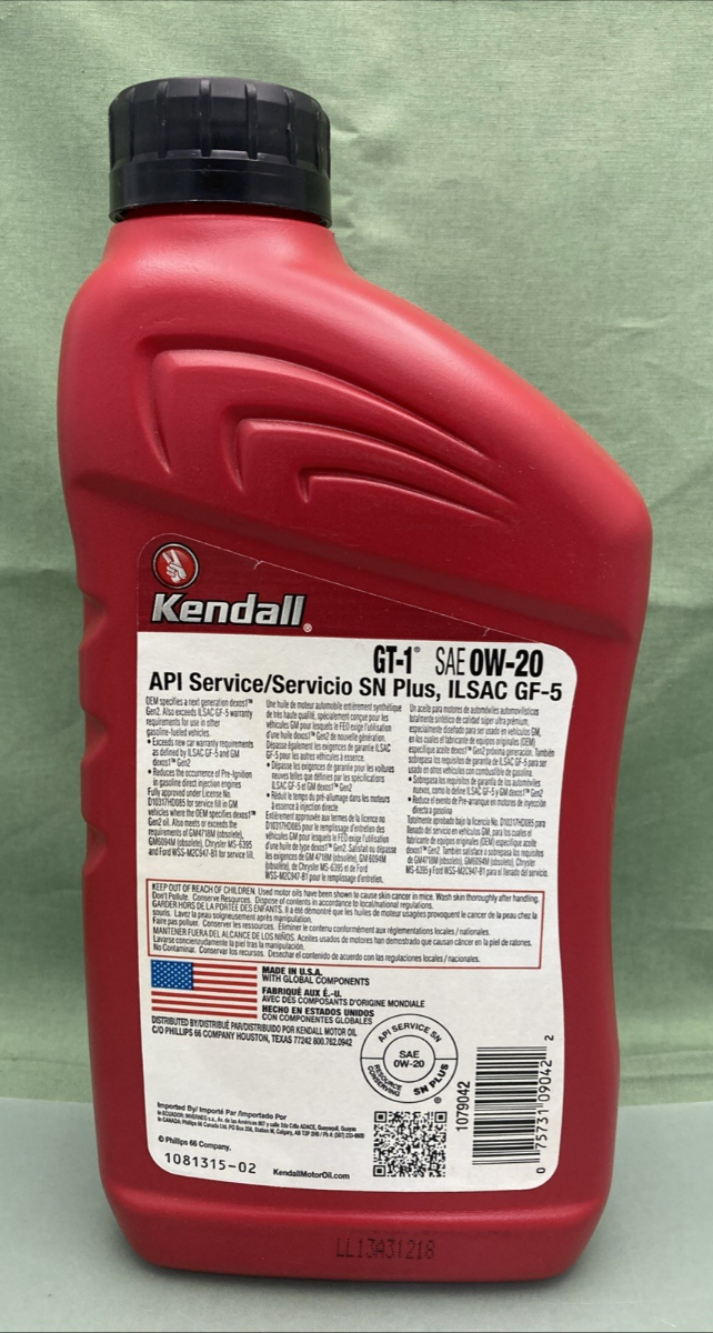 NEW GENUINE KENDALL SAE 0W-20 FULL SYNTHETIC MOTOR OIL 101316-02