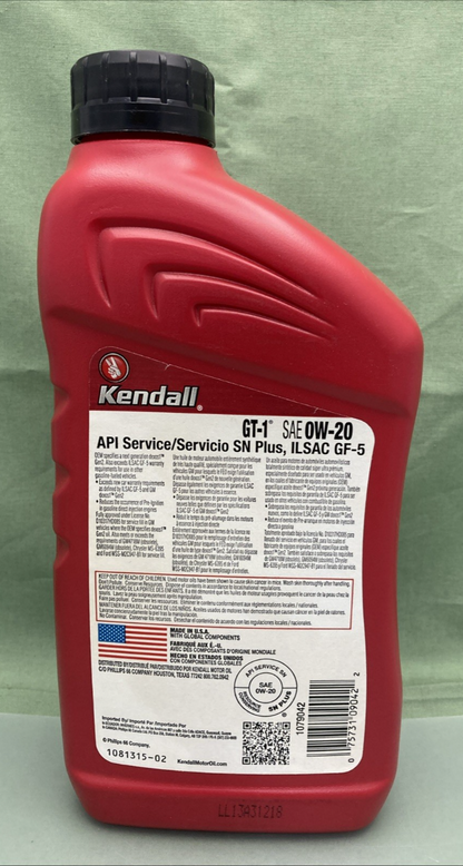 NEW GENUINE KENDALL SAE 0W-20 FULL SYNTHETIC MOTOR OIL 101316-02