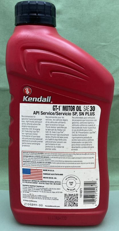 NEW GENUINE KENDALL 1074971 GT-1 MOTOR OIL SAE 30 WITH LiquiTek, 1 qt.