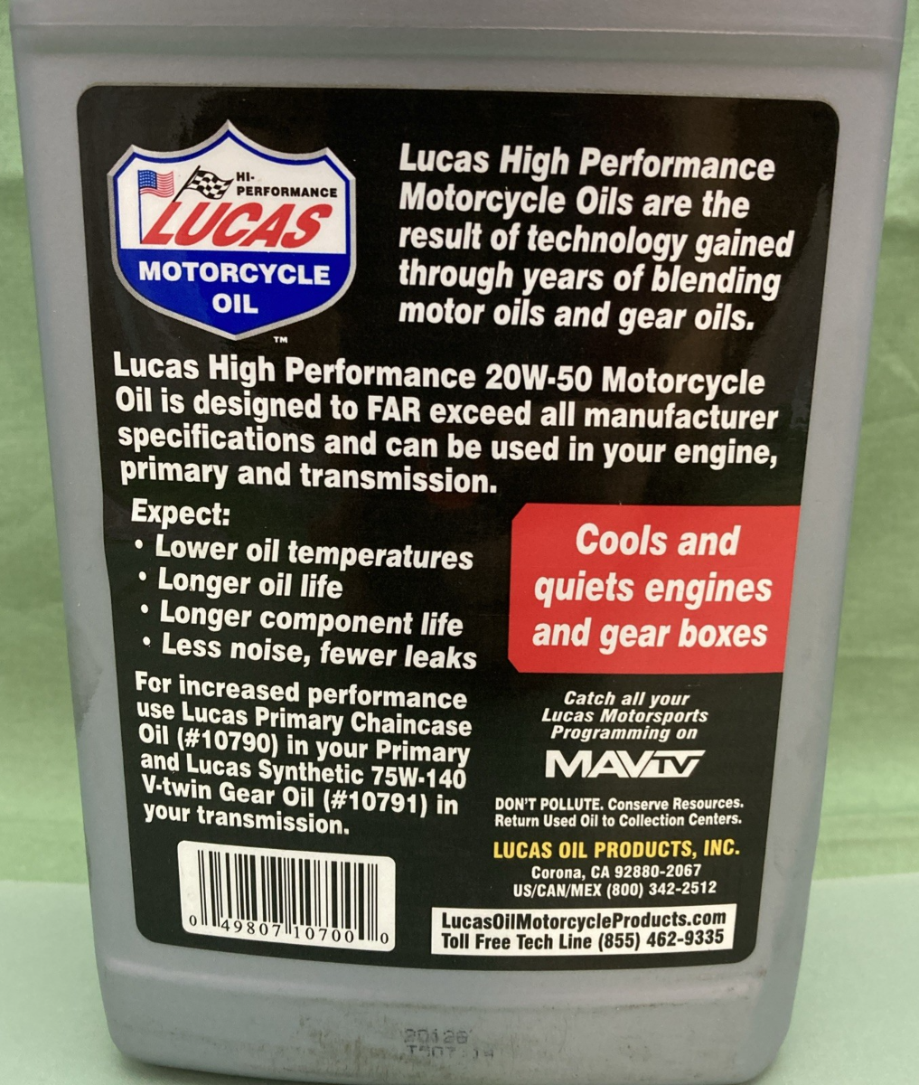NEW GENUINE LUCAS MOTORCYCLE OIL SAE 20W-50, 1qt