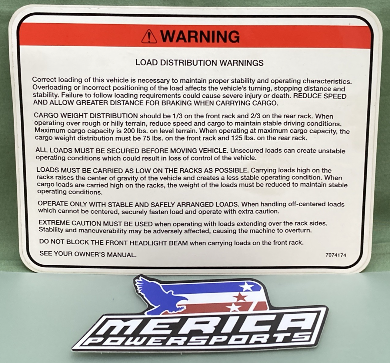 NEW GENUINE POLARIS 7074174 WARNING DECAL LOAD DISTRIBUTION 7074110