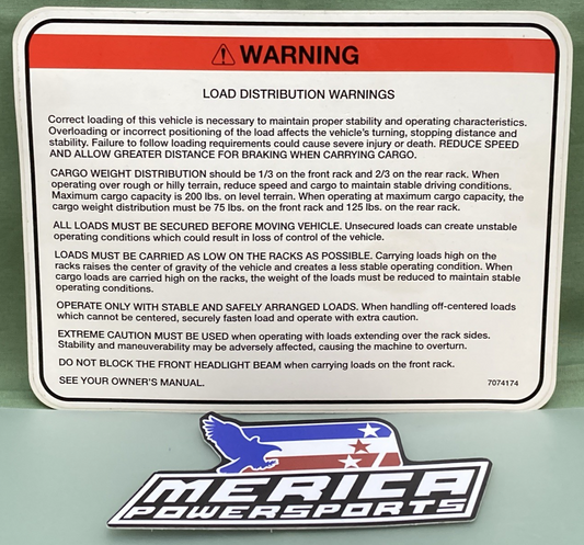 NEW GENUINE POLARIS 7074174 WARNING DECAL LOAD DISTRIBUTION 7074110