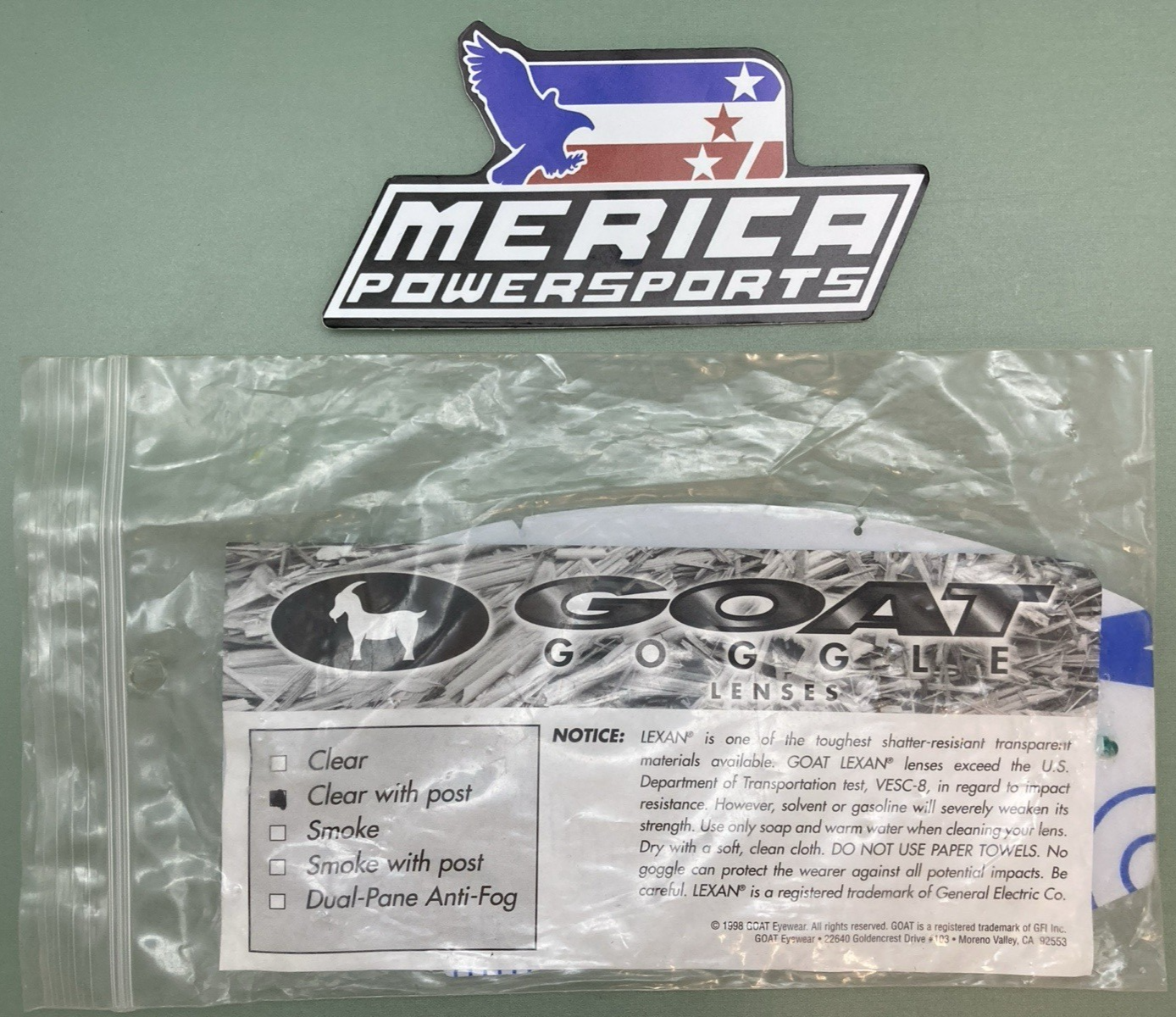 NEW GENUINE GOAT GOGGLE LENSES, CLEAR WITH POST