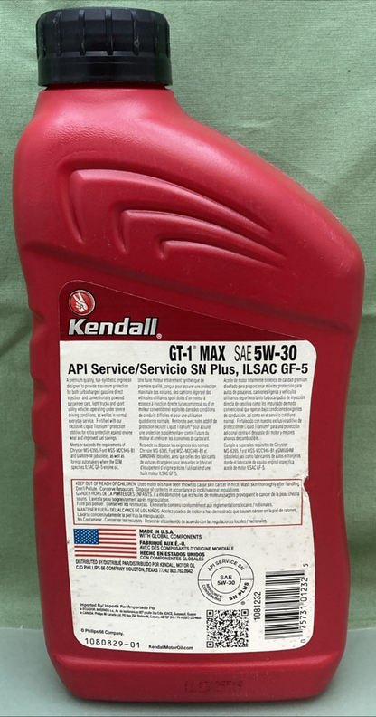 KENDALL 1080830-01 GT-1 Max 5w-30 Full Synthetic Motor Oil with LiquiTek, 1qt.