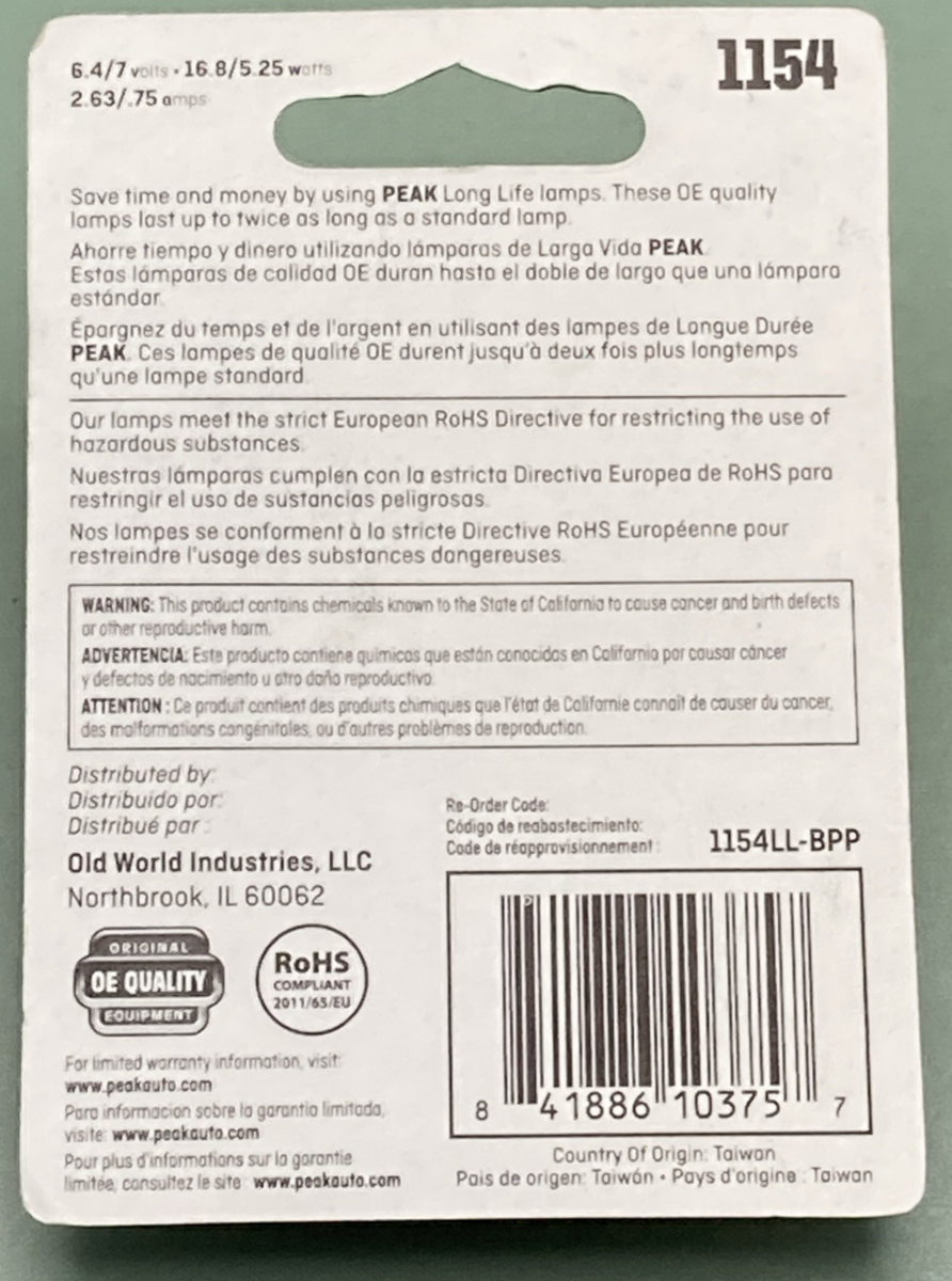 New Genuine Peak Auto 1154 Miniature Lamp Set