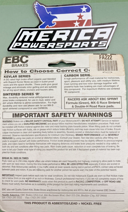 NEW GENUINE EBC FA222 ORGANIC BRAKE PADS - RF 900 R
