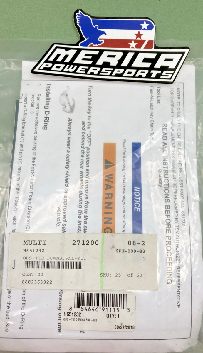 NEW GENUINE ARCTIC CAT H651232 OBS-TIE DOWNS, FNL-KIT