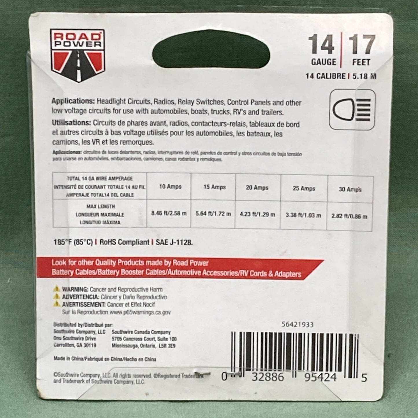 New Genuine Road Power 56421933 Primary Wire 14 Gauge, 17 Feet, Green Cable