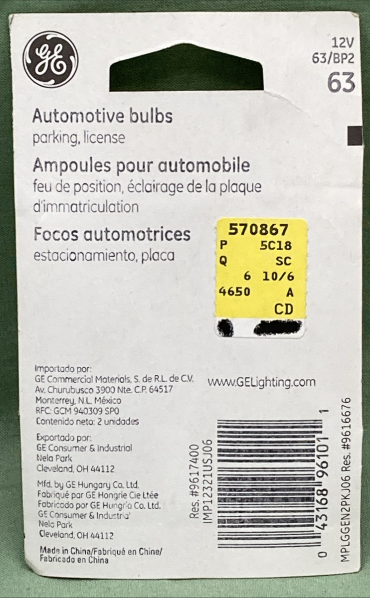 New Genuine GE 63 Standard Replacement Bulb Set 6v, 63/BP2